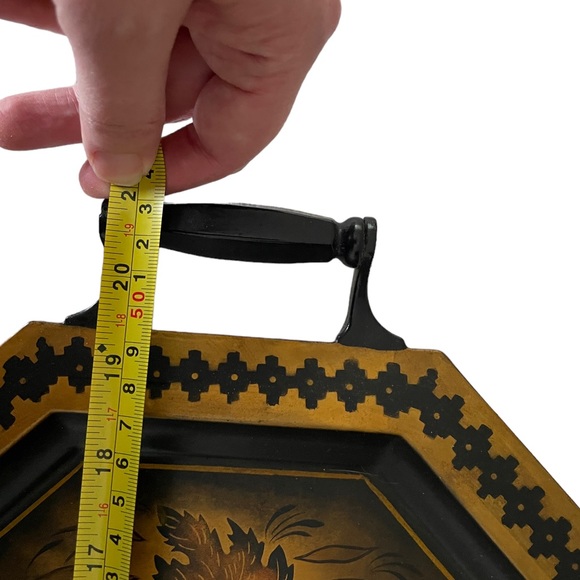 Handpainted Black, Gold, & Red Metal Toleware Floral Tray w/ Handles, ~21" x 12" - Picture 3 of 6
